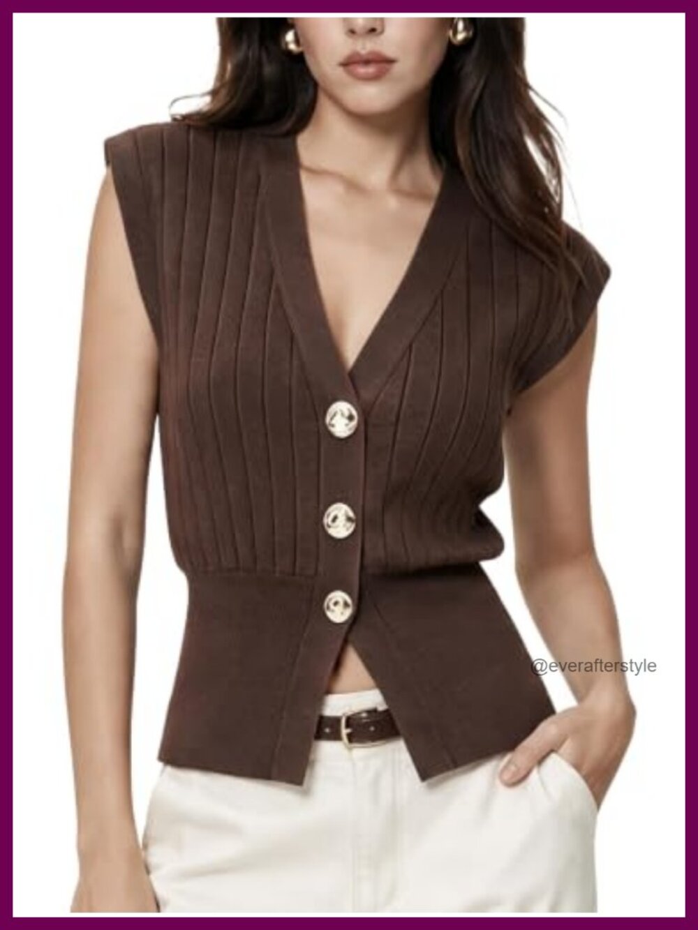 Sleeveless Ribbed Knit Sweater Vest with Gold Buttons
